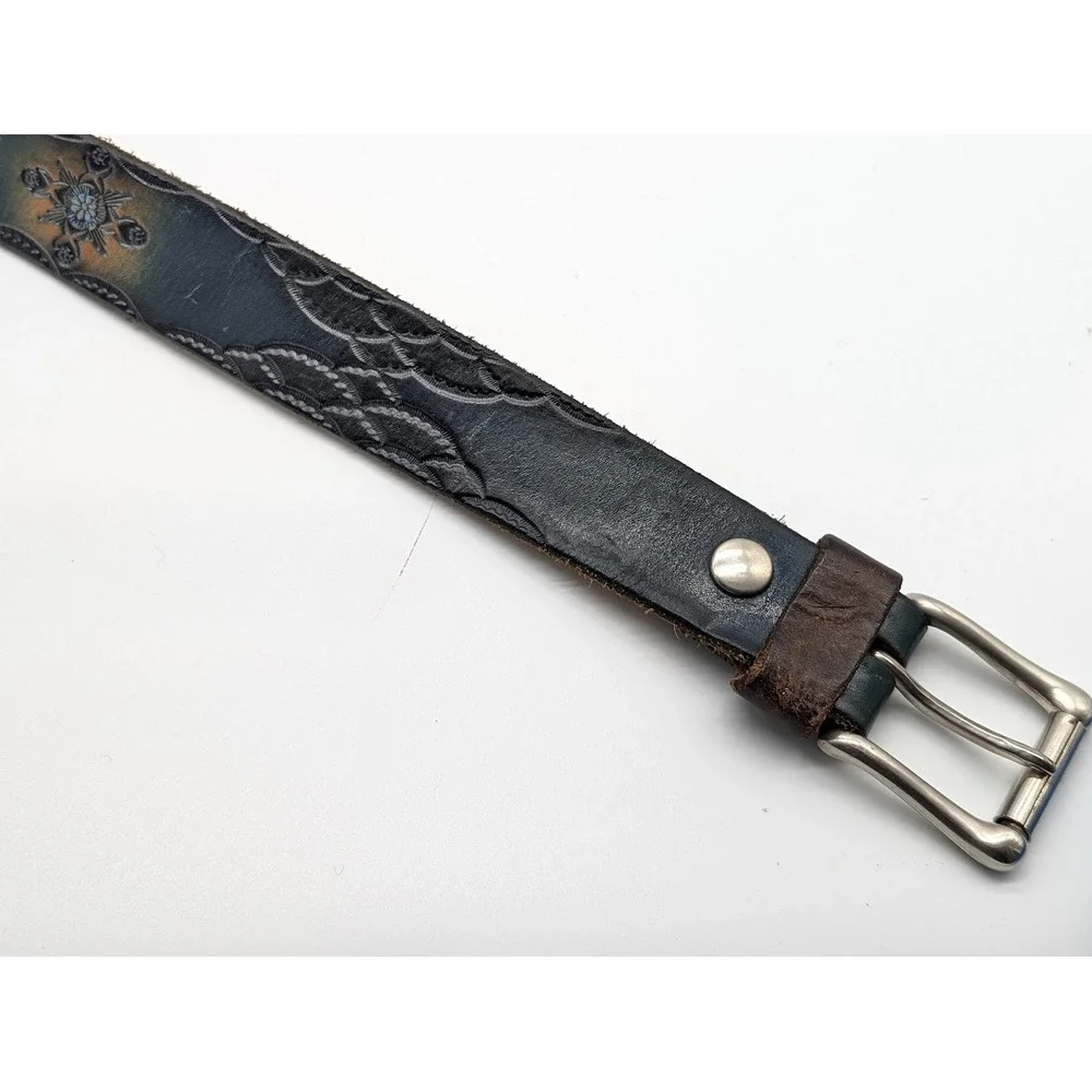 Raw Hyd Leather Belt Men's Size 46 Embossed Floral Western Made USA Cowboy Rodeo
